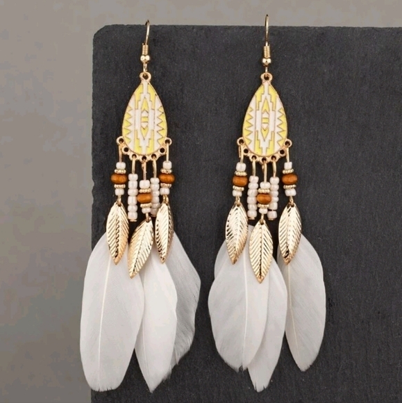 Gold & white Boho feather earrings beaded tassel long drop festival 💖2/$30 - Picture 6 of 11